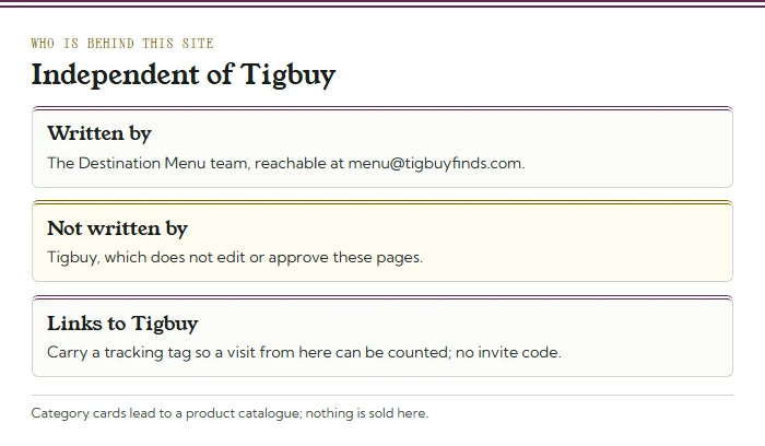 Three cards: written by the Destination Menu team; not written or approved by Tigbuy; links to Tigbuy carry a tracking tag and no invite code