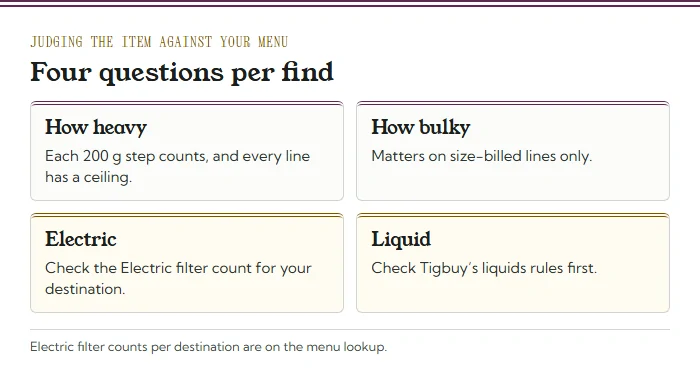 Four cards of questions per find: how heavy, how bulky, electric, liquid