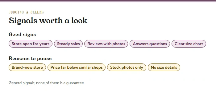 Chips of seller signals: good signs (store open for years, steady sales, reviews with photos, answers questions, clear size chart) and reasons to pause (new store, very low price, stock photos only, no size details)