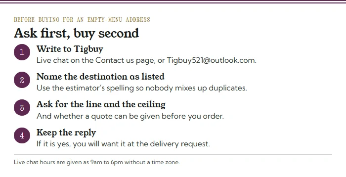 Four steps before buying for an empty-menu address: write to Tigbuy, name the destination as listed, ask for the line and ceiling, keep the reply