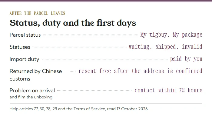 Menu card for after dispatch: status under My tigbuy, three statuses, import duty paid by you, free resend after a return by Chinese customs, contact within 72 hours and film the unboxing