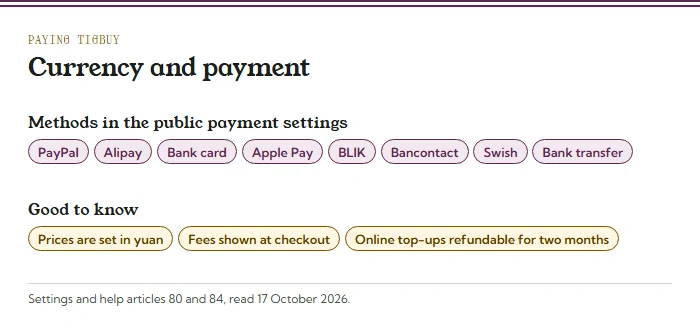 Chips of payment methods (PayPal, Alipay, bank card, Apple Pay, BLIK, Bancontact, Swish, bank transfer) and three notes: prices in yuan, fees shown at checkout, online top-ups refundable for two months