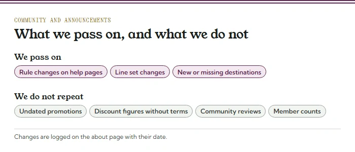 Chips: what this site passes on (rule changes, line set changes, destination changes) and what it does not repeat (undated promotions, discount figures without terms, community reviews, member counts)