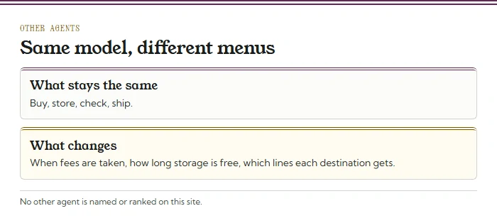 Two cards: what stays the same between shopping agents (buy, store, check, ship) and what changes (fee timing, free storage, lines per destination)