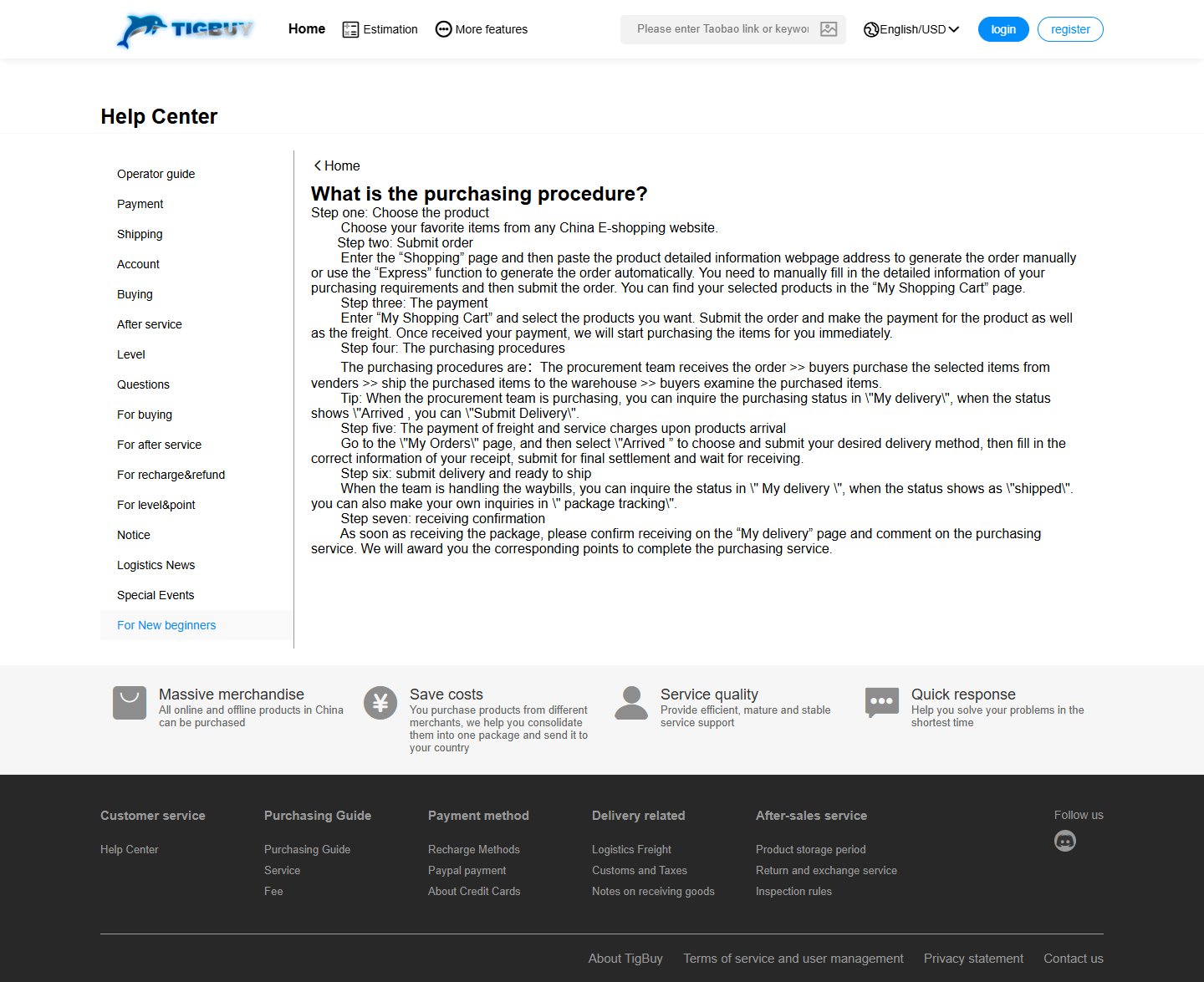 Tigbuy’s purchasing-procedure page, showing stages one through seven in order