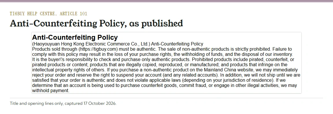 Tigbuy help centre page titled Anti-Counterfeiting Policy, showing its opening paragraph