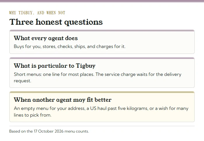 Three cards: what every agent does; what is particular to Tigbuy (short menus, service charge at the delivery request); when another agent may fit better