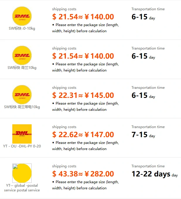 Tigbuy estimator result page for the Netherlands at 1,000 g, showing five line cards with logos, labels, quotes and delivery windows